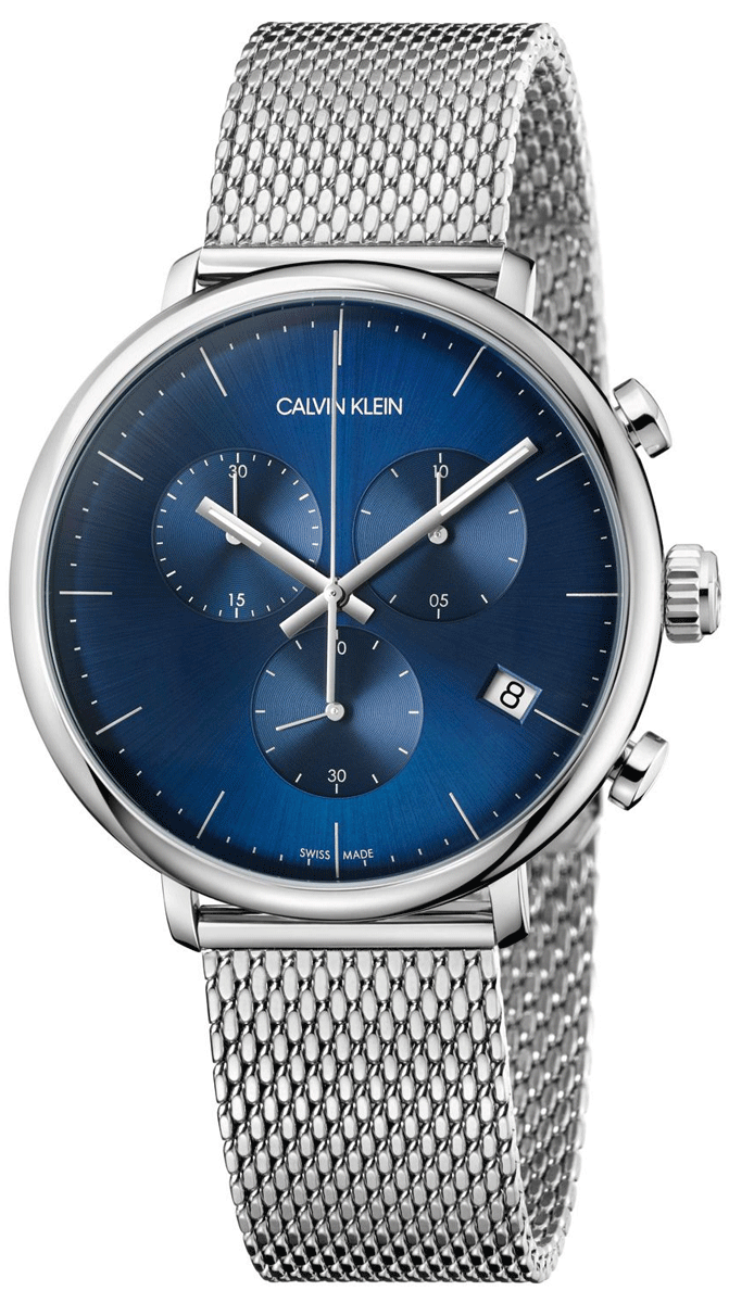 Calvin Klein High Noon chronograph watch with blue dial and silver mesh bracelet