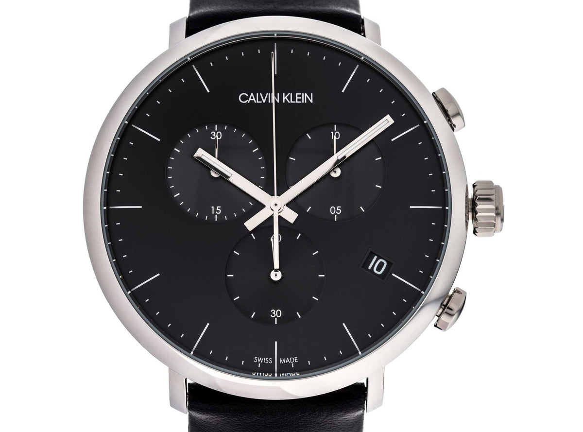 Calvin Klein High Noon K8M271C1 chronograph watch angled view showing black dial and silver-tone case