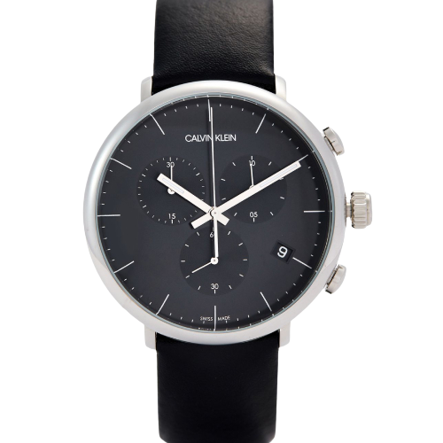Calvin Klein High Noon K8M271C1 chronograph watch front view with black dial and silver case
