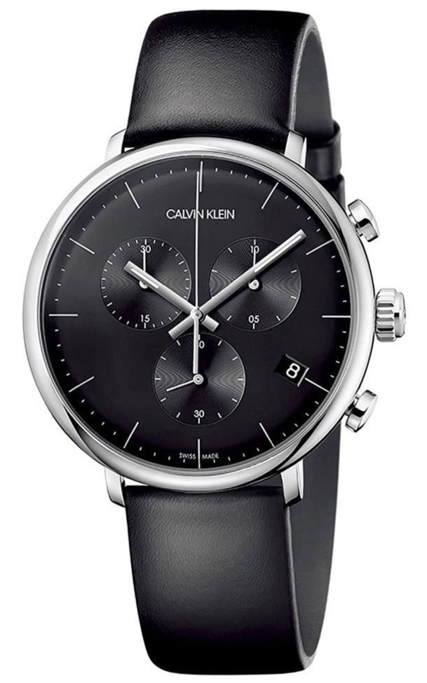 Calvin Klein High Noon K8M271C1 chronograph watch with black dial on black leather strap