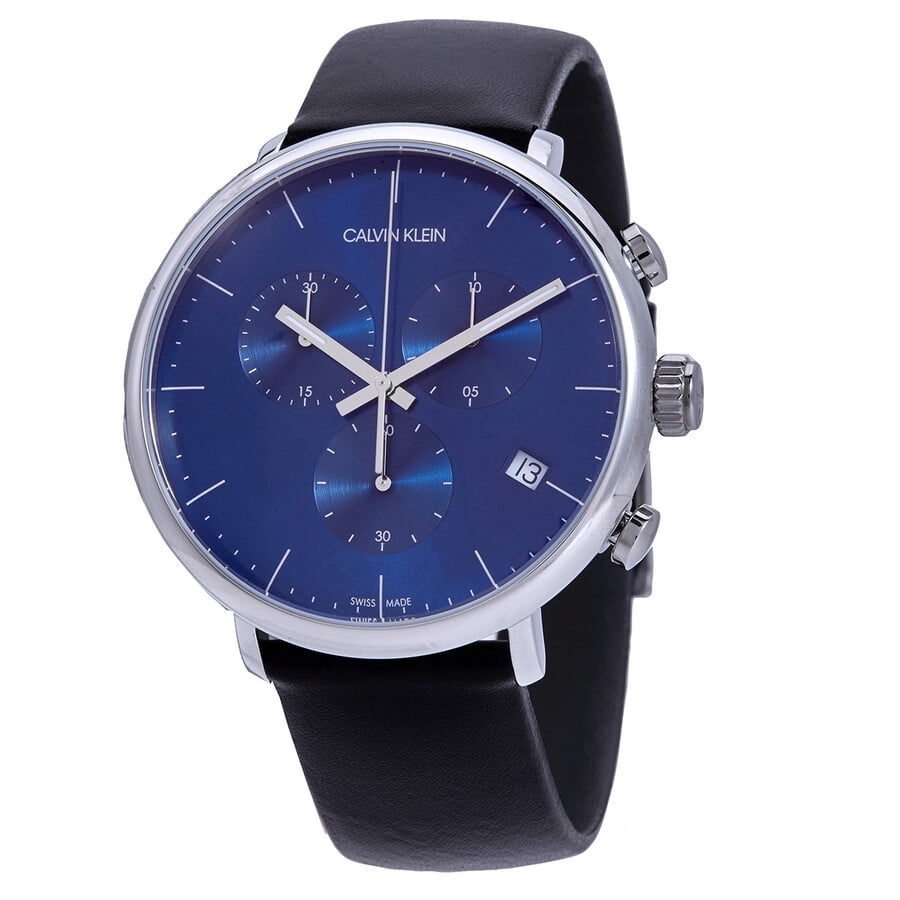 Angled view of Calvin Klein High Noon K8M271CN chronograph with black strap