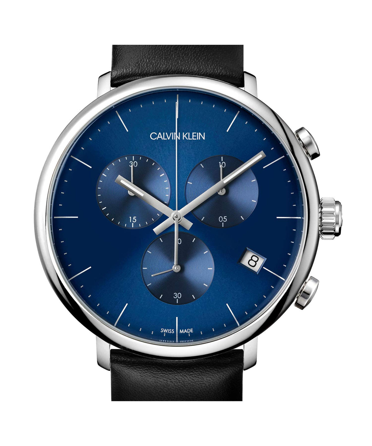 Front view of High Noon K8M271CN with blue chronograph dial and silver case
