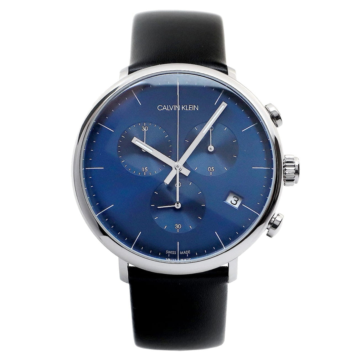 High Noon K8M271CN chronograph watch front display with blue dial and silver hands
