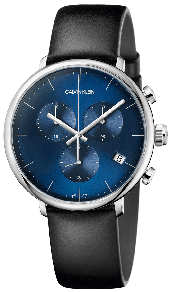 Calvin Klein High Noon K8M271CN chronograph watch with blue dial and black leather strap
