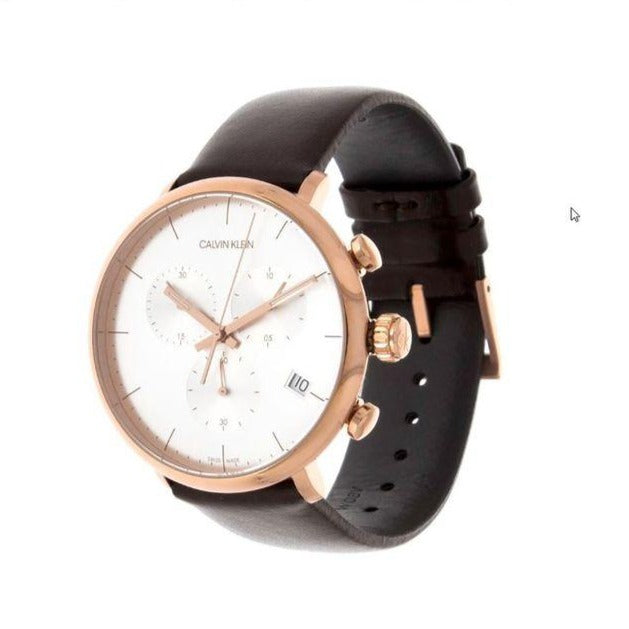 Side angle view of Calvin Klein High Noon chronograph with black leather strap and rose gold case