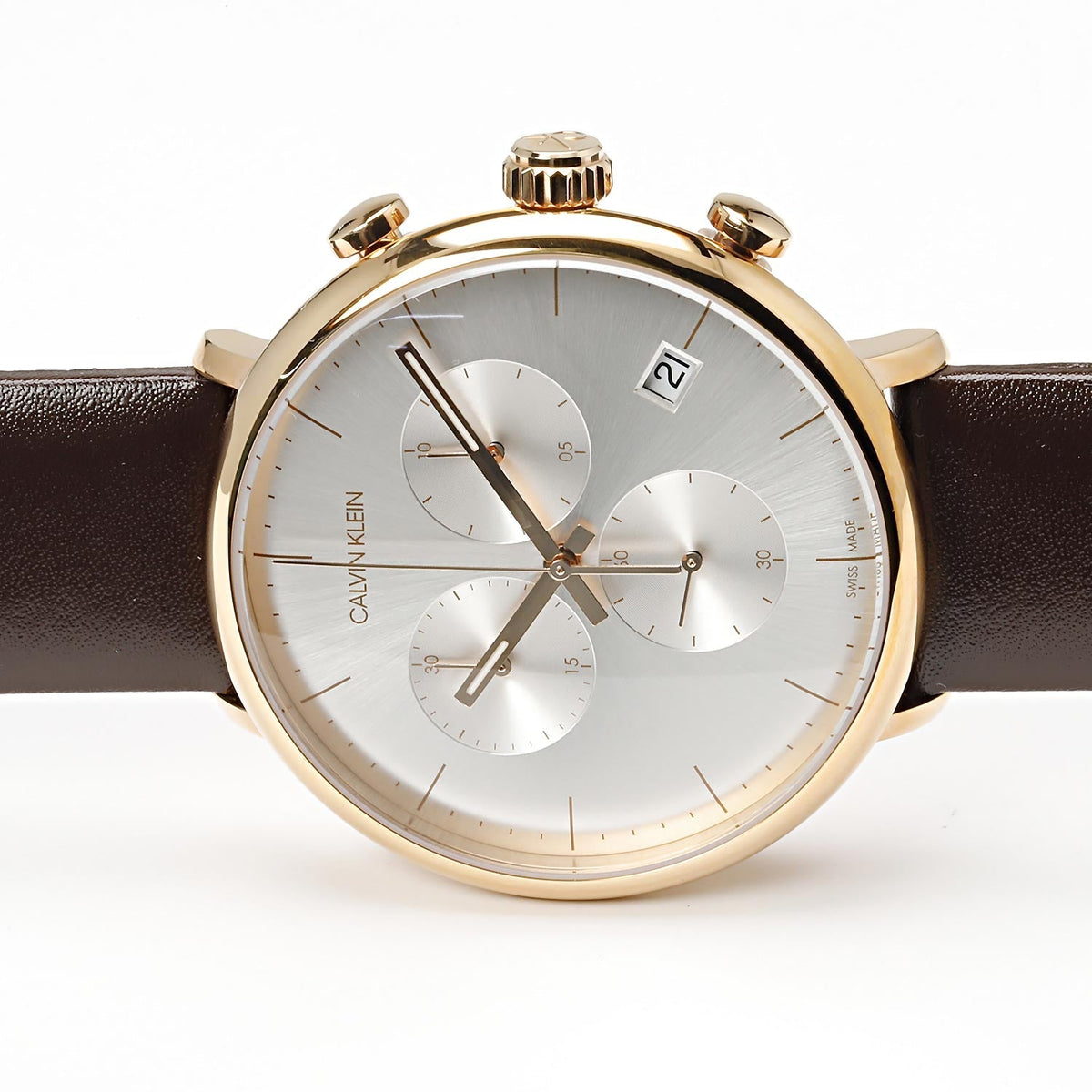 Close-up detail of Calvin Klein High Noon dial showing chronograph subdials and rose gold pushers