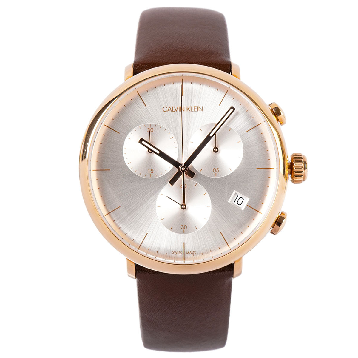 Calvin Klein High Noon chronograph men's watch with three subdials on silver dial and rose gold case