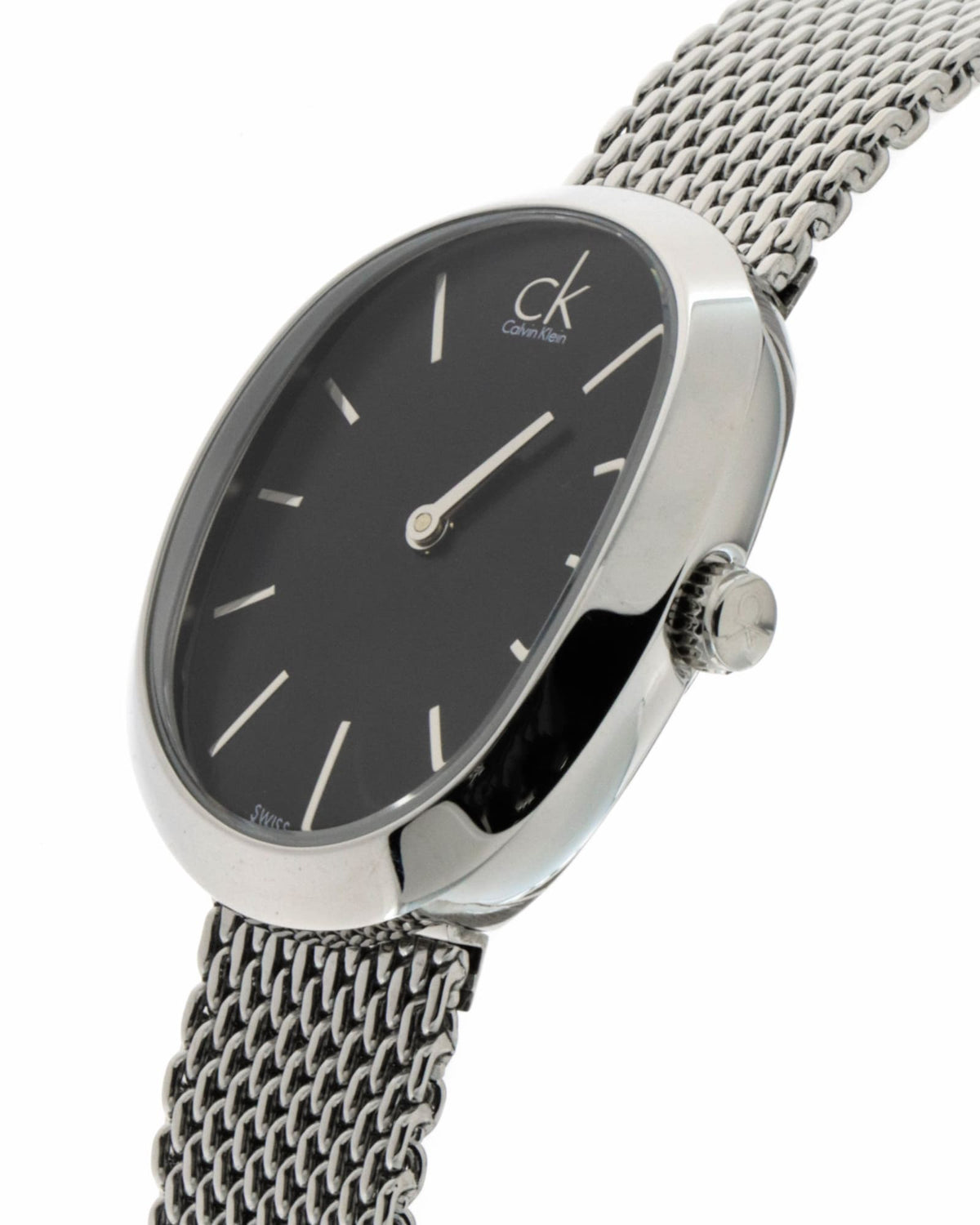 Side angle view of Calvin Klein Incentive watch showing case profile and mesh band