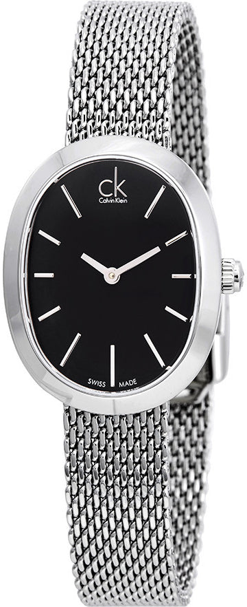 Calvin Klein Incentive women's watch with oval black dial and silver mesh strap