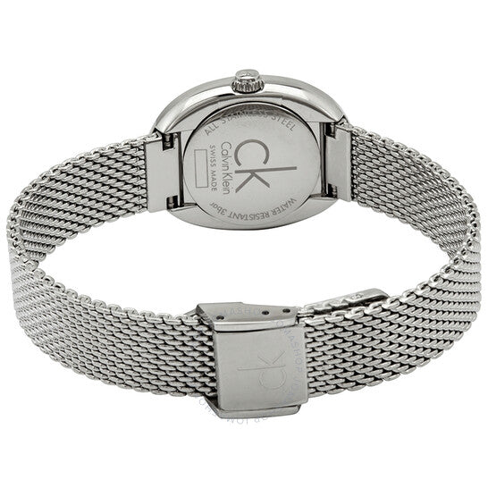 Calvin Klein Incentive watch caseback showing stainless steel back and mesh strap