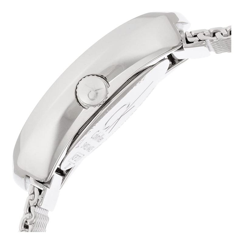Side view of Calvin Klein Incentive watch with mesh strap and crown