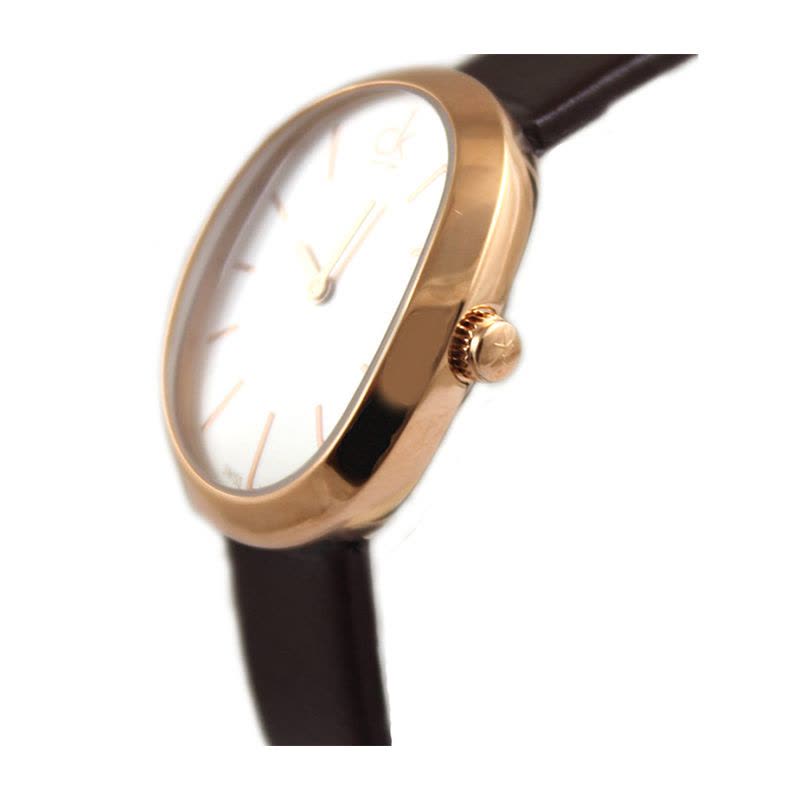 Calvin Klein Incentive K3P236G6 watch side view showing rose gold oval case and brown leather strap