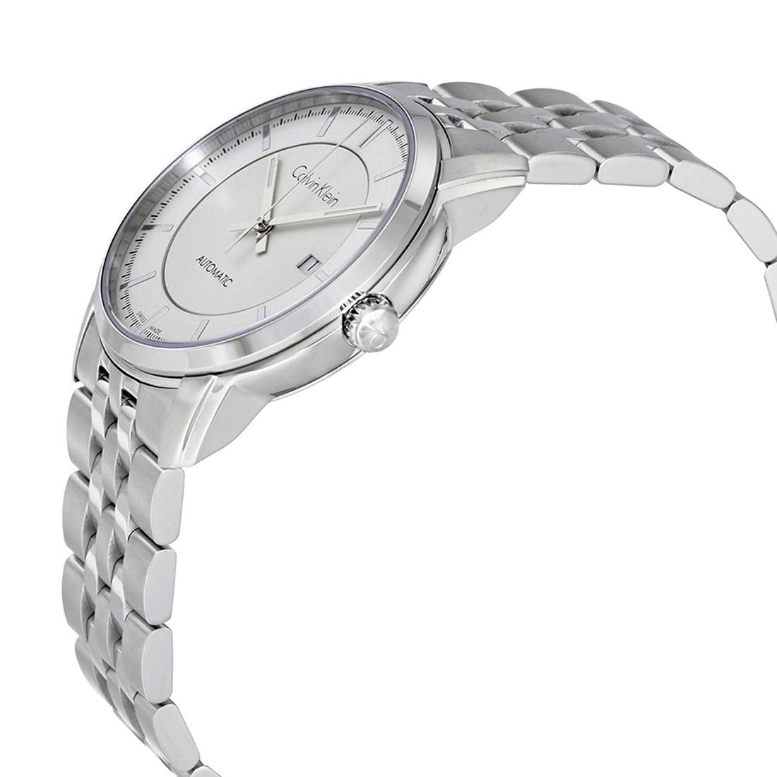 Calvin Klein Infinite automatic watch angled view displaying silver dial and metal bracelet