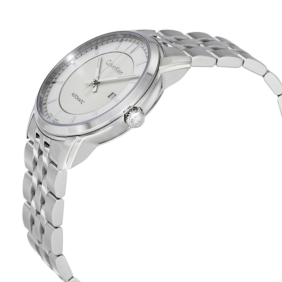 Calvin Klein Infinite automatic men's watch side view showing dial and stainless steel strap