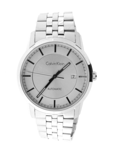 Calvin Klein Infinite silver dial automatic watch with date window and steel bracelet