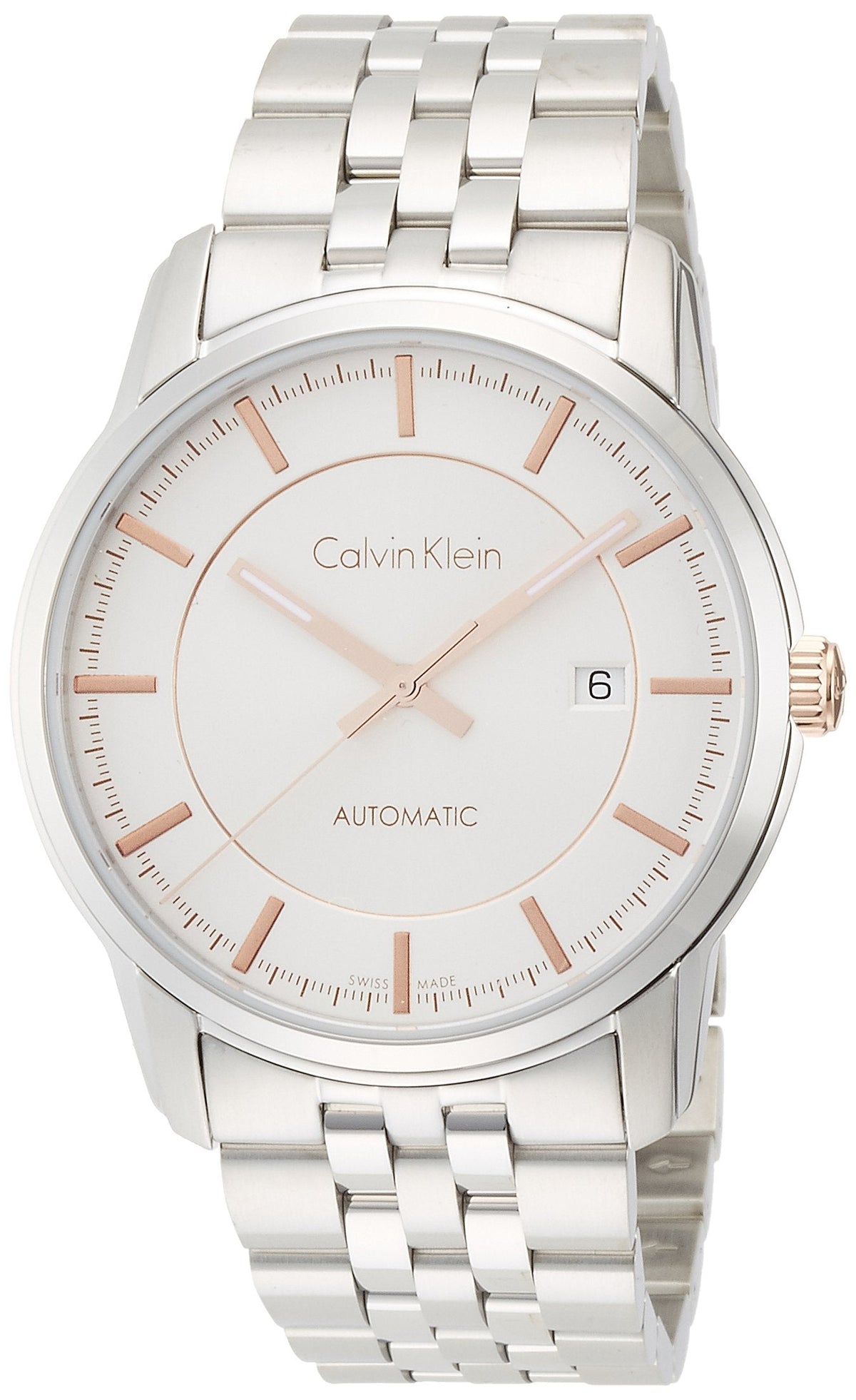 Calvin Klein Infinite automatic men's watch displaying silver dial with rose gold accents and date window
