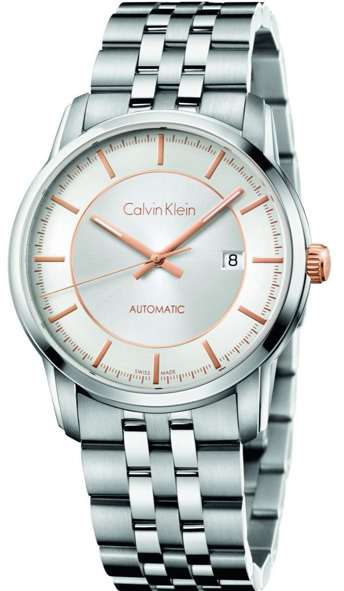 Calvin Klein Infinite automatic men's watch with silver dial and rose gold hands on stainless steel bracelet