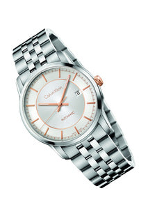 Calvin Klein Infinite automatic watch at angle showing full stainless steel bracelet and silver dial