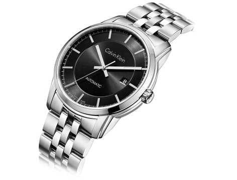Angled view of Calvin Klein Infinity automatic watch with black dial and steel bracelet