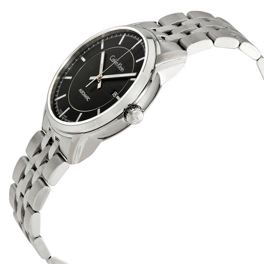 Side profile of Calvin Klein Infinity men's automatic watch with silver steel band