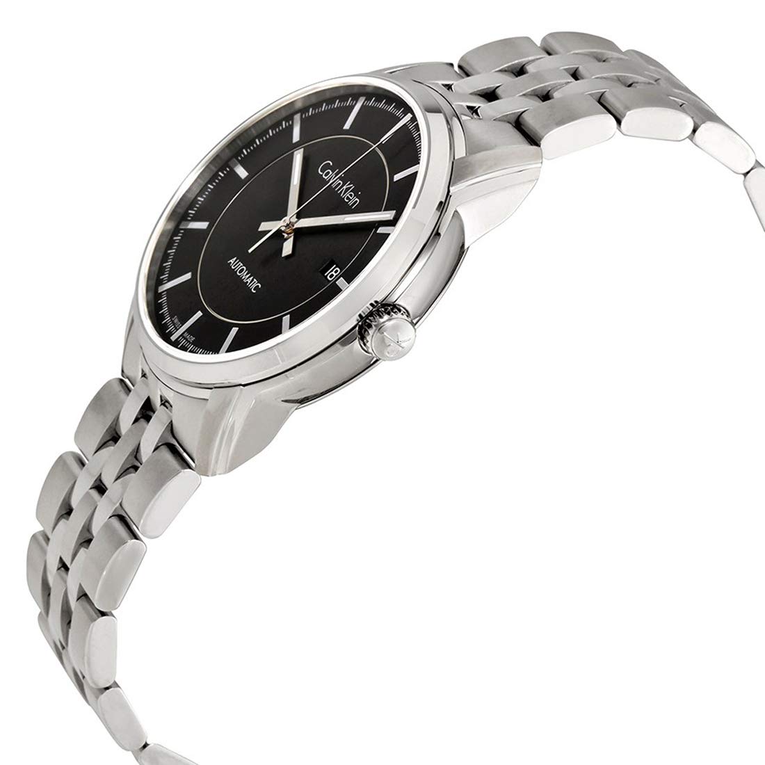 Side view of Calvin Klein Infinity watch showing stainless steel case and bracelet