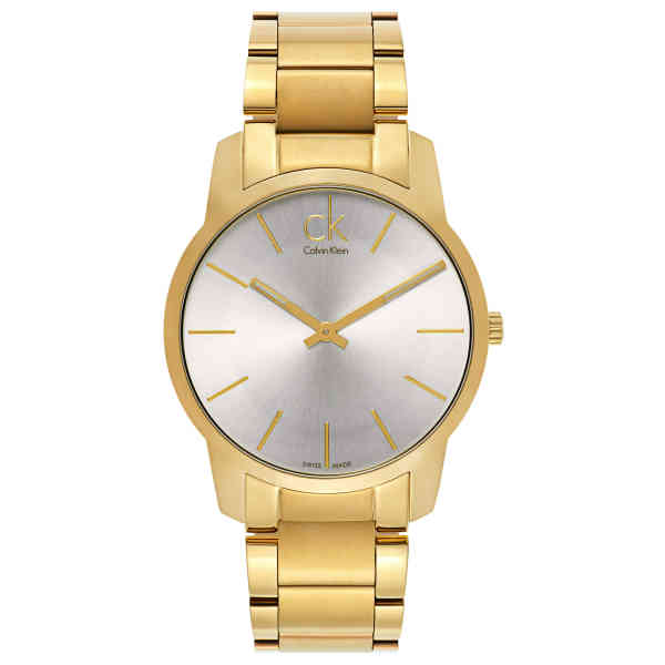 Calvin Klein K2G21546 watch angled view showing gold case and bracelet with silver dial