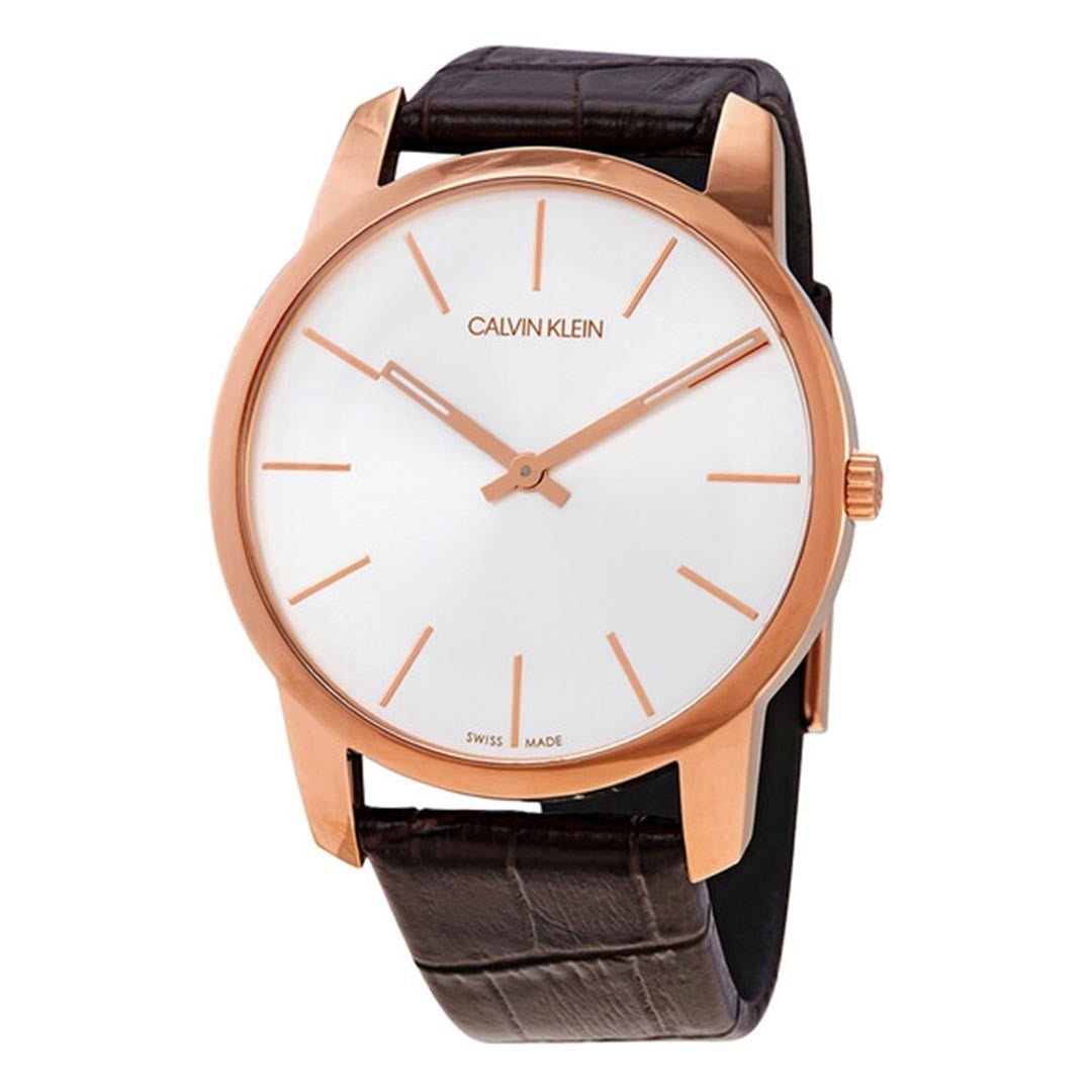 Calvin Klein K2G21629 watch at angle displaying rose gold case and brown leather strap