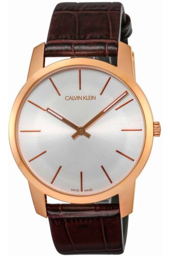 Calvin Klein K2G21629 watch angled view showing silver dial and brown crocodile leather band
