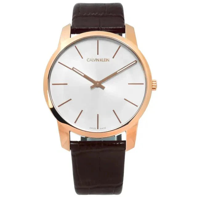 Calvin Klein K2G21629 quartz watch with white silver dial and brown leather band