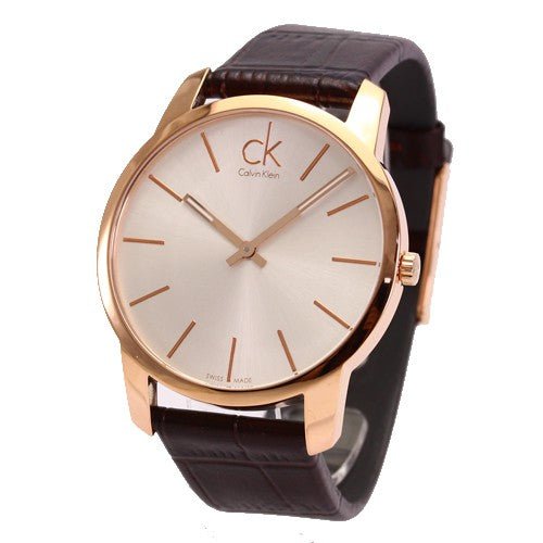 Calvin Klein K2G21629 men's quartz watch with silver dial and brown crocodile leather strap