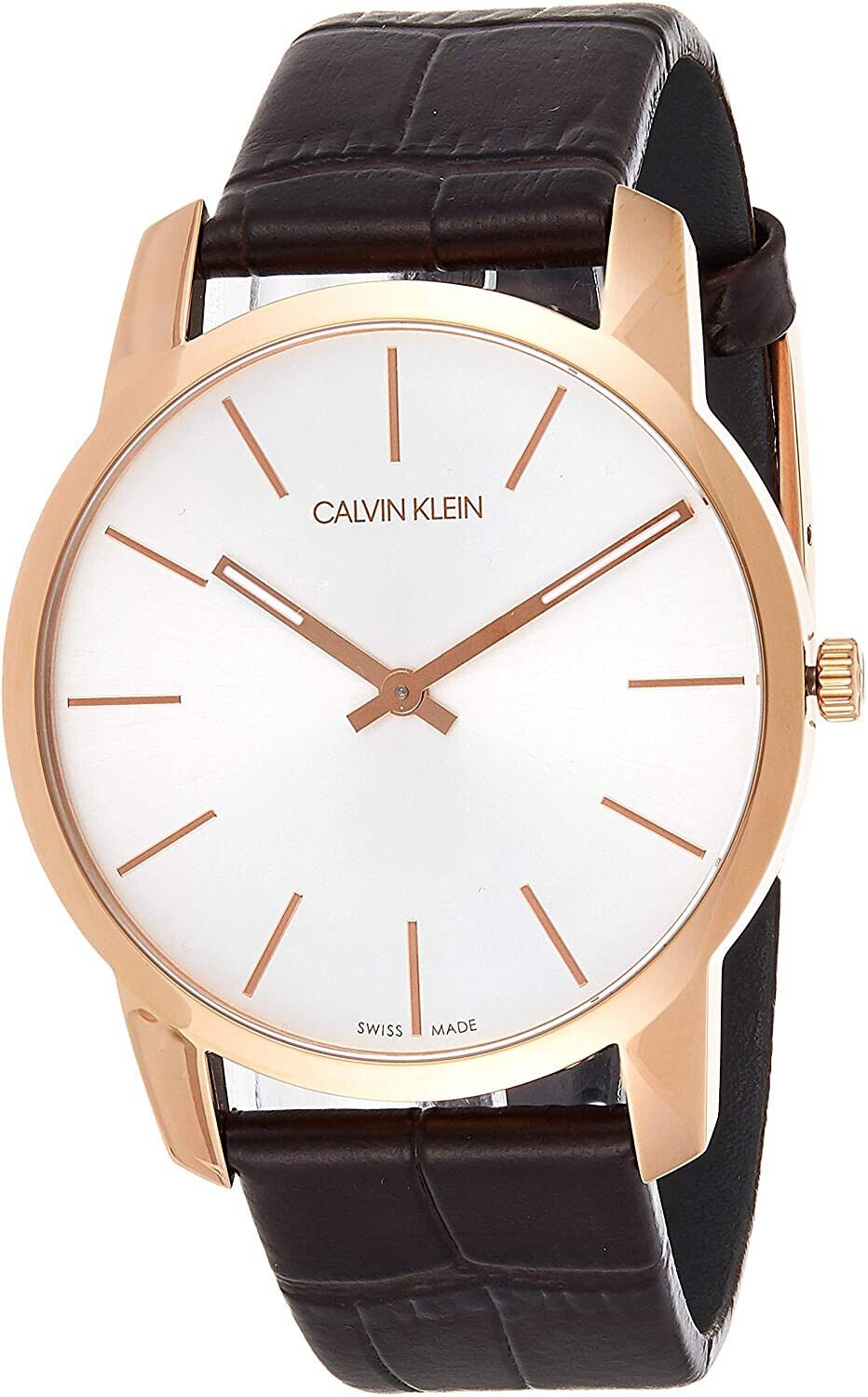 Calvin Klein quartz watch with silver dial and rose gold case on brown leather strap