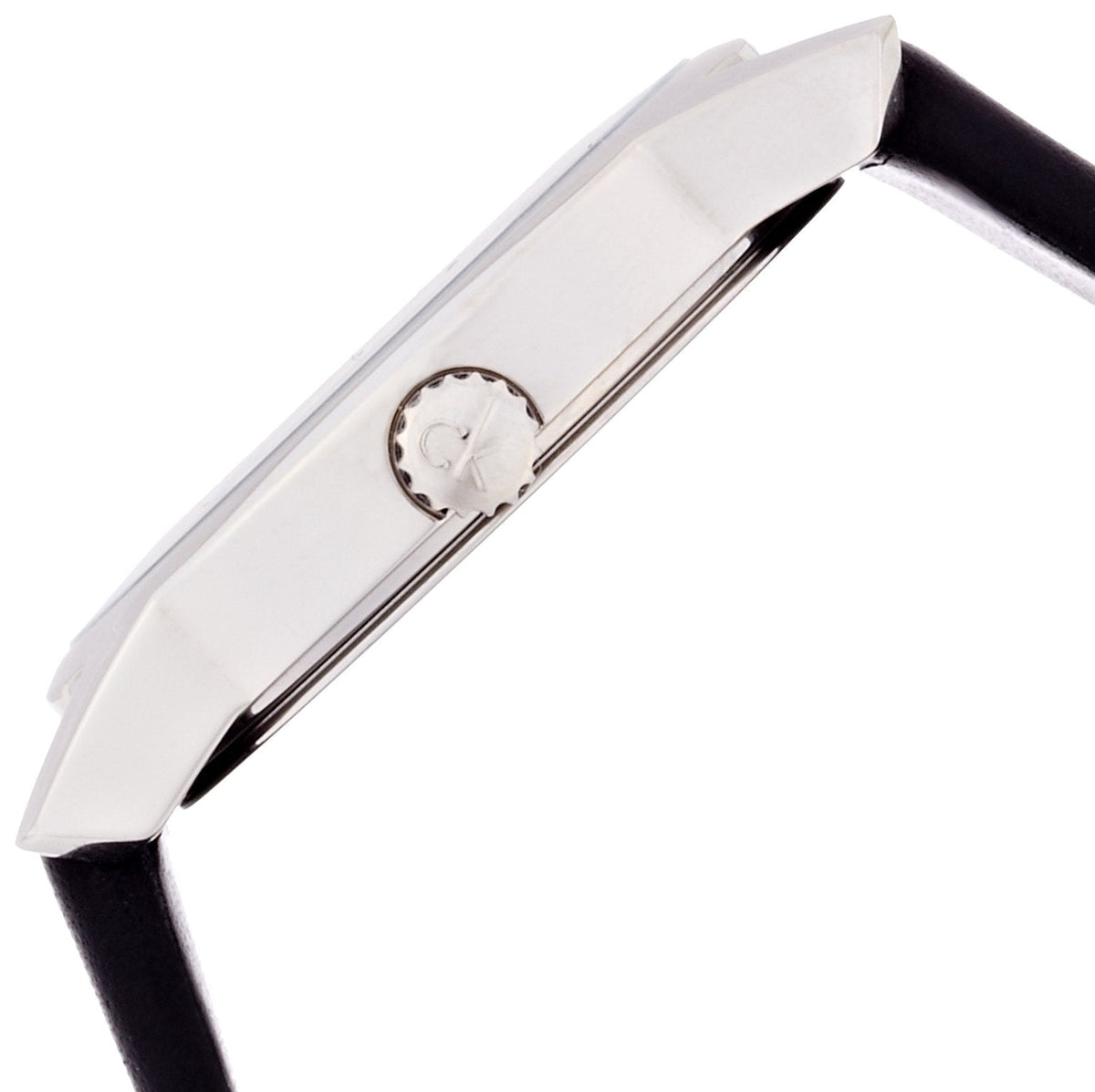 Calvin Klein watch showing side profile with crown detail and black leather strap