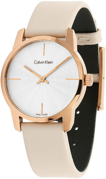 Calvin Klein City watch angle view showing white and black leather straps