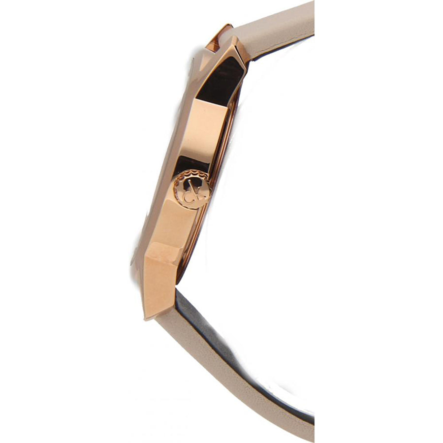 Calvin Klein City watch caseback showing rose gold case and Calvin Klein logo