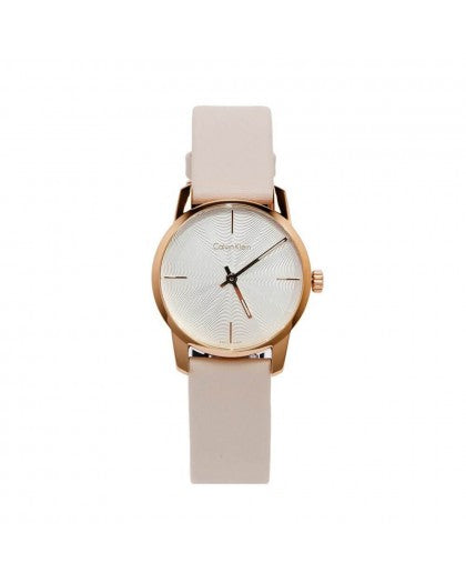 Calvin Klein K2G236X6 City watch front view with silver dial and rose gold case