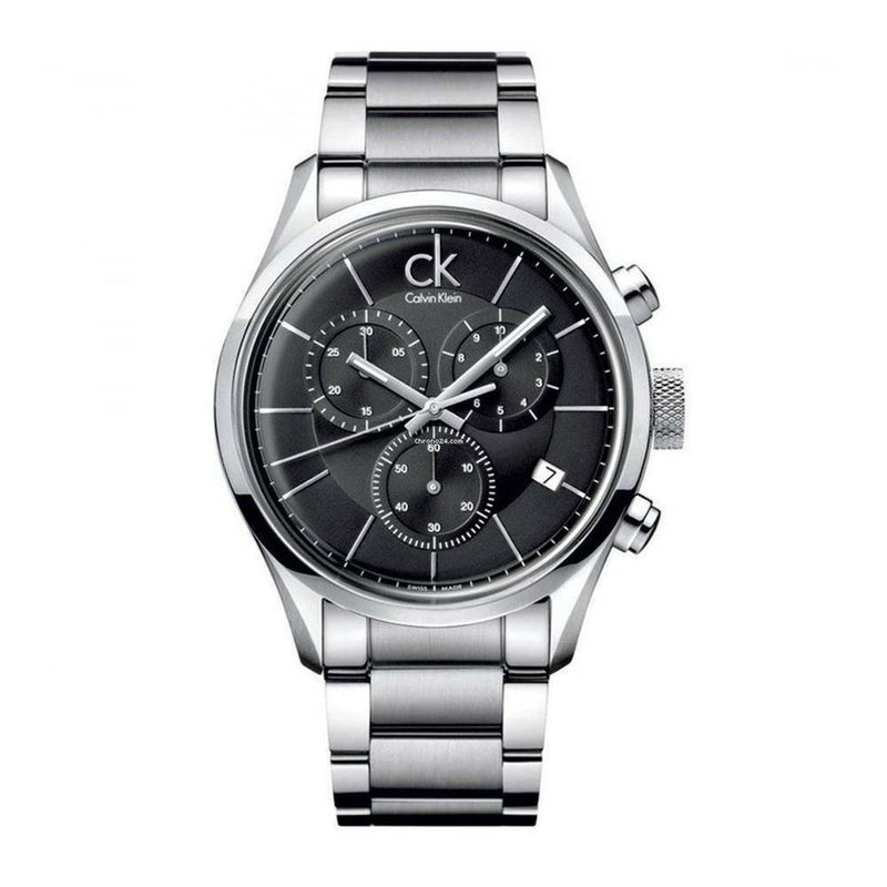 Silver steel bracelet and chronograph watch viewed from angled side perspective