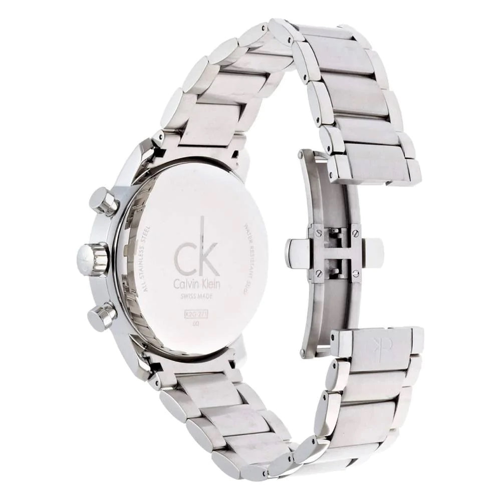 Watch caseback showing engraved Calvin Klein branding and transparent exhibition back