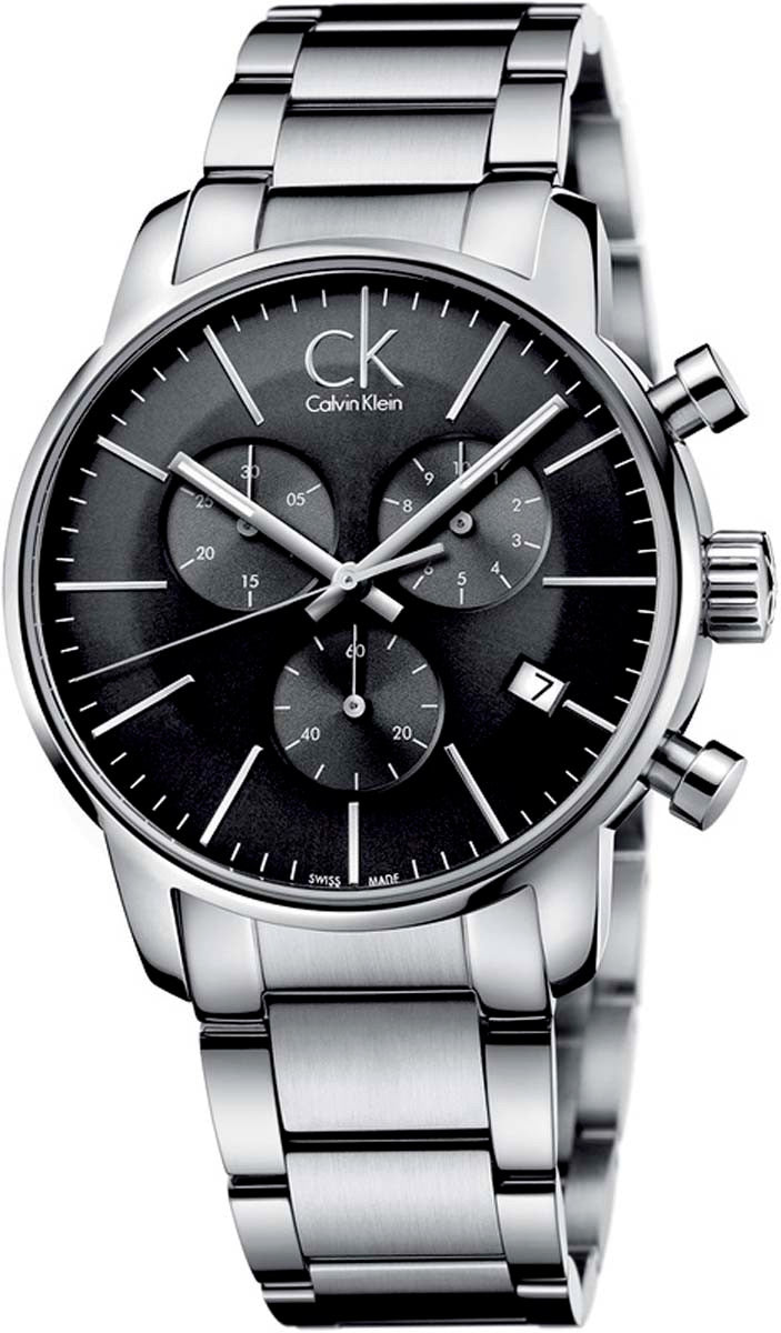 Calvin Klein men's chronograph watch with 45mm silver steel case and black dial