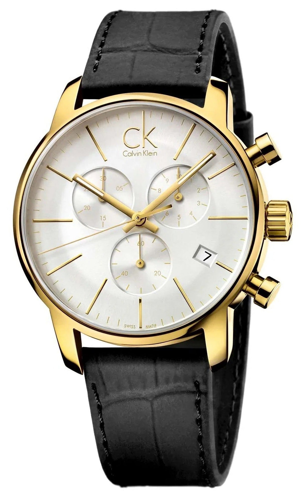 Calvin Klein City chronograph watch with gold case, silver dial, and black leather strap