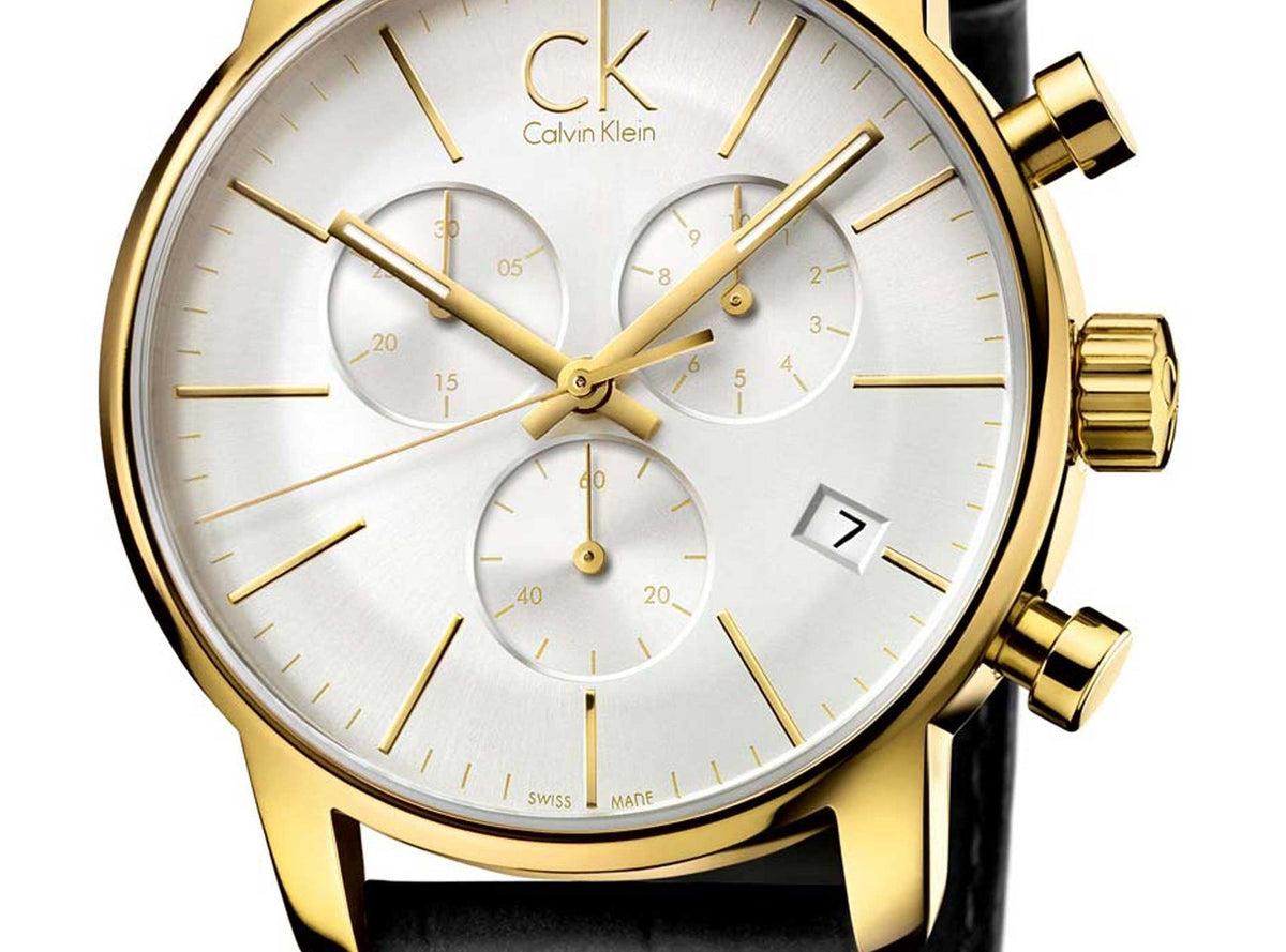 Calvin Klein City chronograph dial detail showing three subdials and gold hands