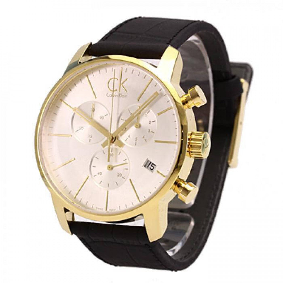 Calvin Klein City chronograph watch worn showing gold case and black leather strap