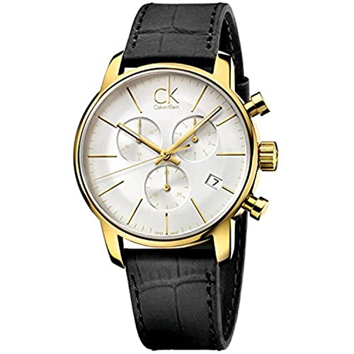 Calvin Klein City chronograph men's watch with gold bezel, silver dial, and black leather