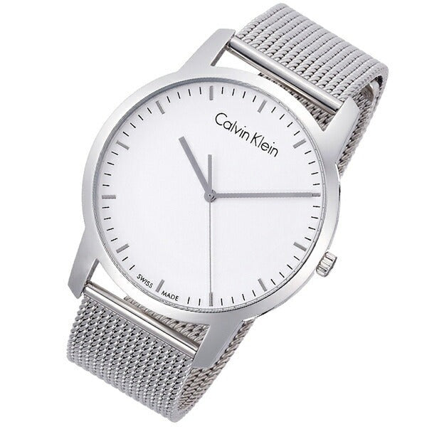Calvin Klein City mesh watch at angle showing stainless steel case and strap