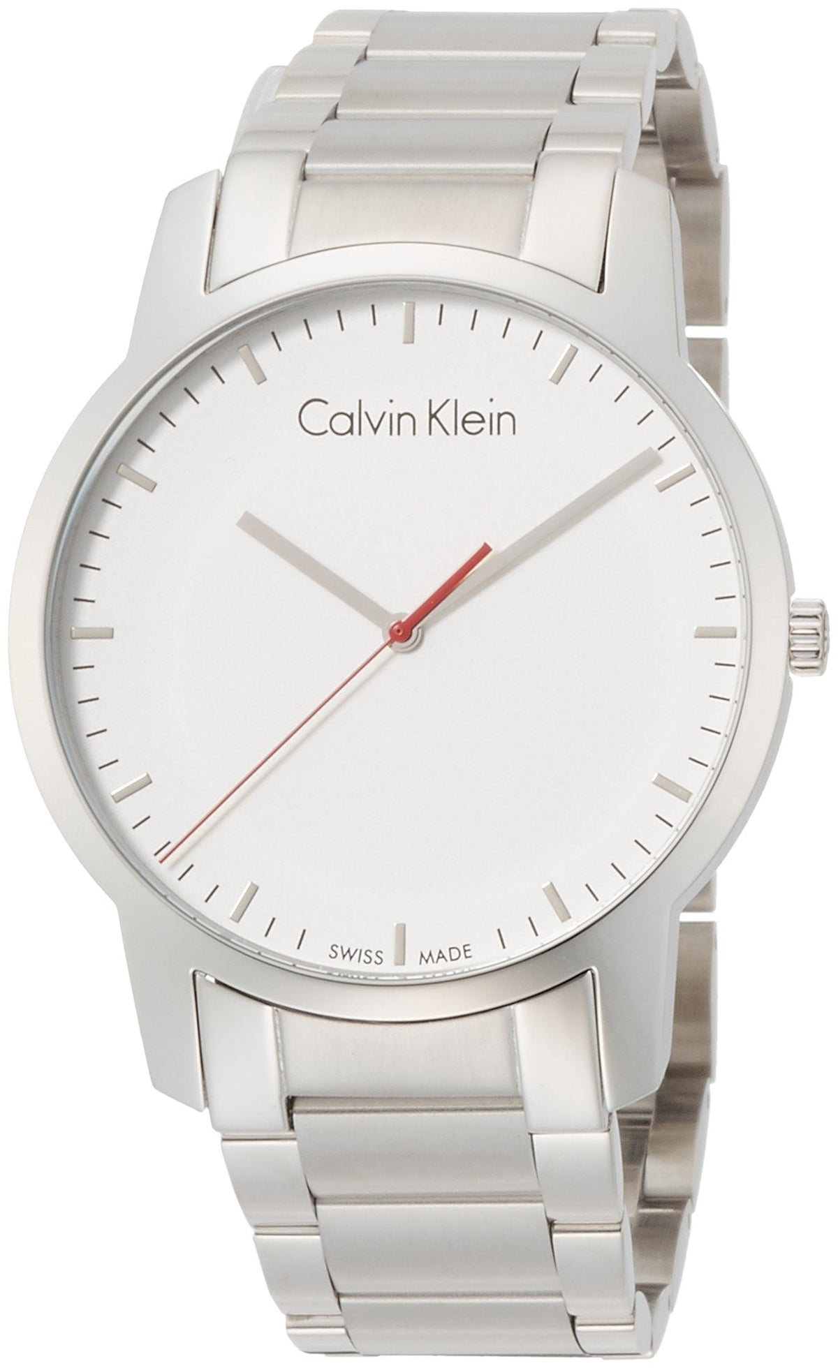 Three-quarter view of Calvin Klein men's watch showing silver bracelet and minimalist white dial