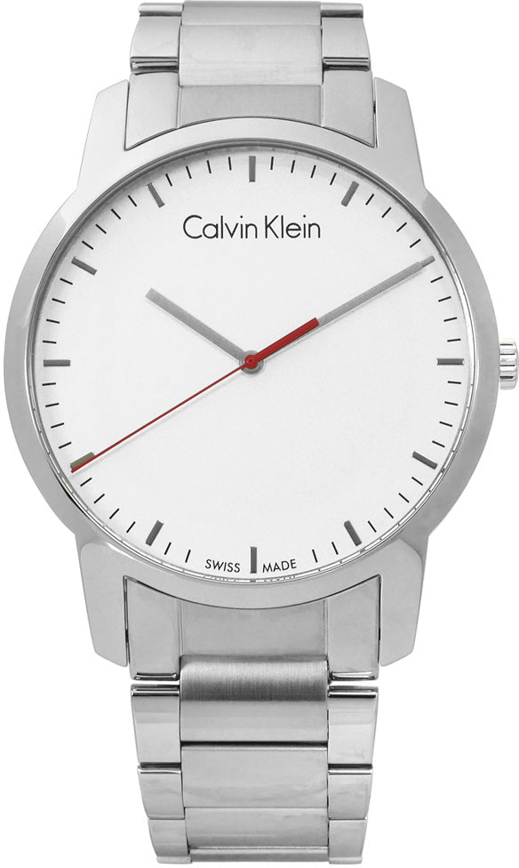 Side view of Calvin Klein K2G2G1Z6 watch displaying stainless steel case and full bracelet length