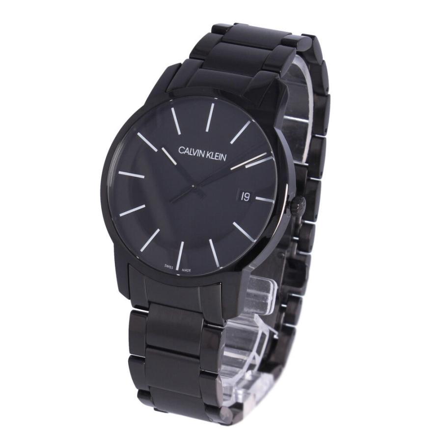 Calvin Klein City watch shown at angle with black dial and link bracelet
