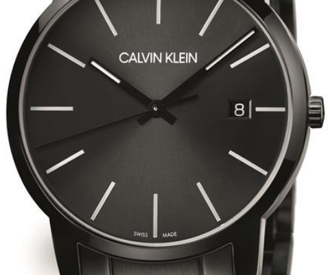 Close-up of Calvin Klein City dial with minimalist hour markers and date window