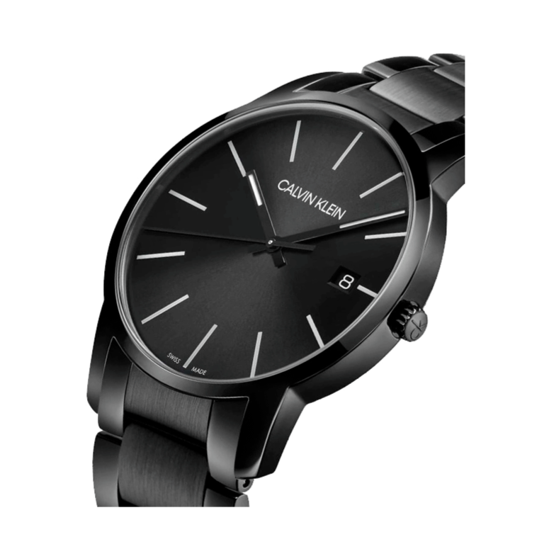 Side view of Calvin Klein City watch with black case and bracelet