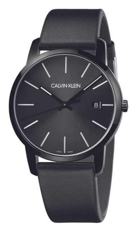 Calvin Klein quartz men's watch with black dial, hour markers, and black leather strap