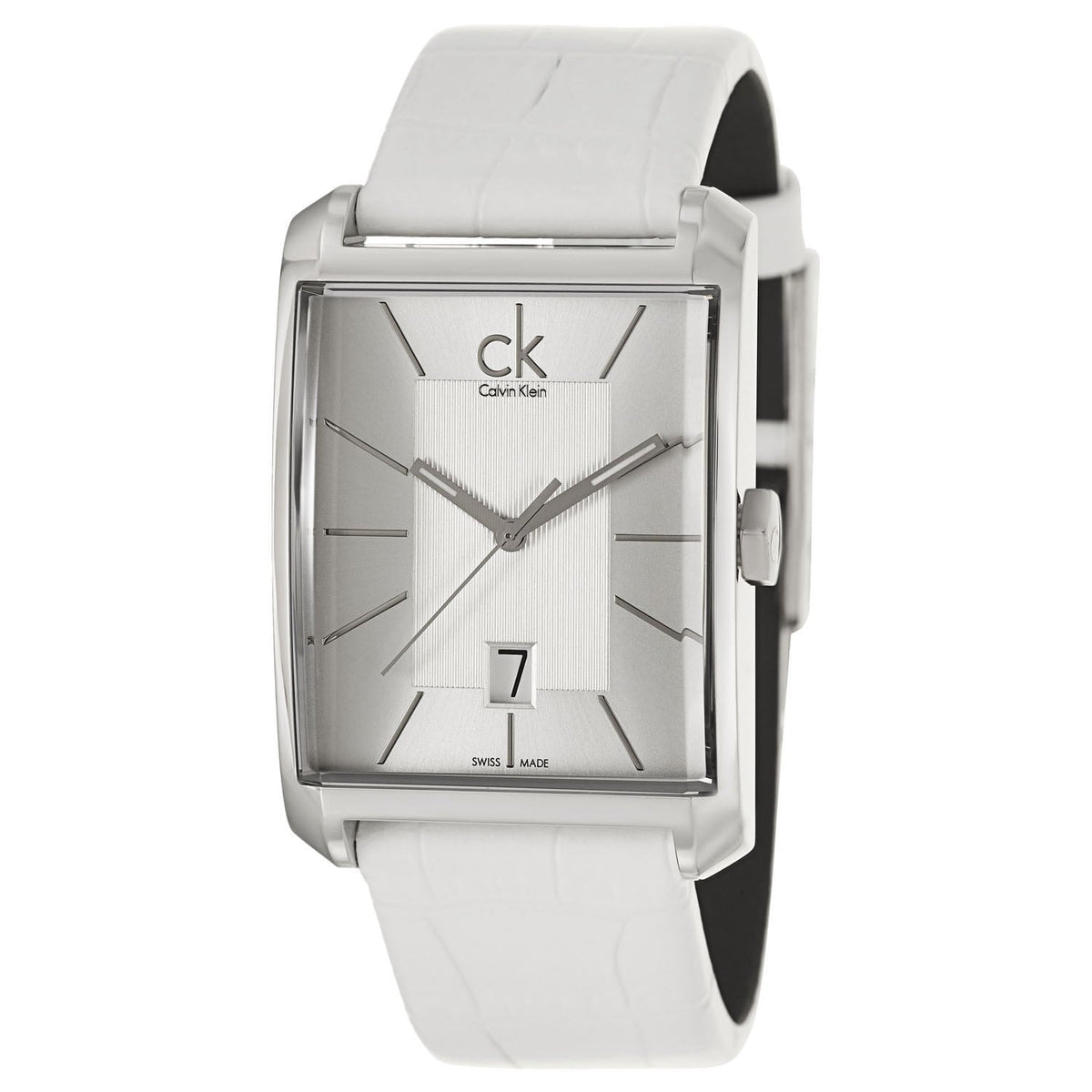 Calvin Klein Window watch angled view with white leather strap and silver case